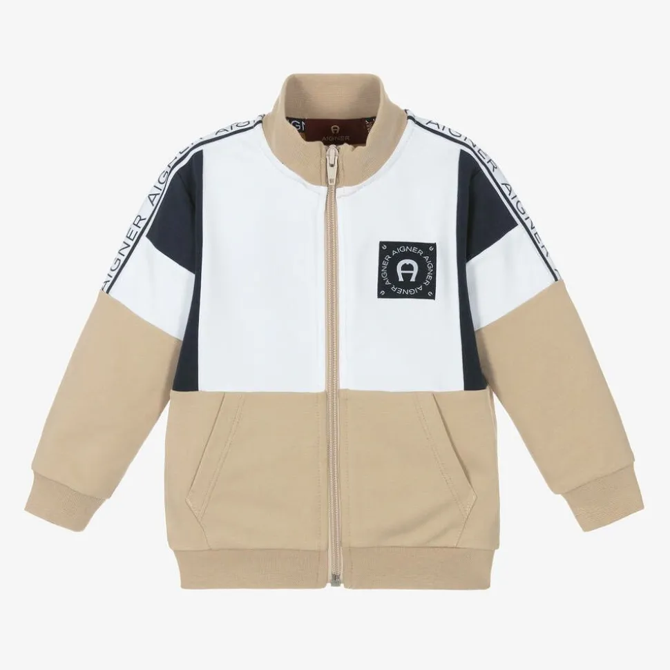 Baby Boys Beige Cotton Zip-Up Top