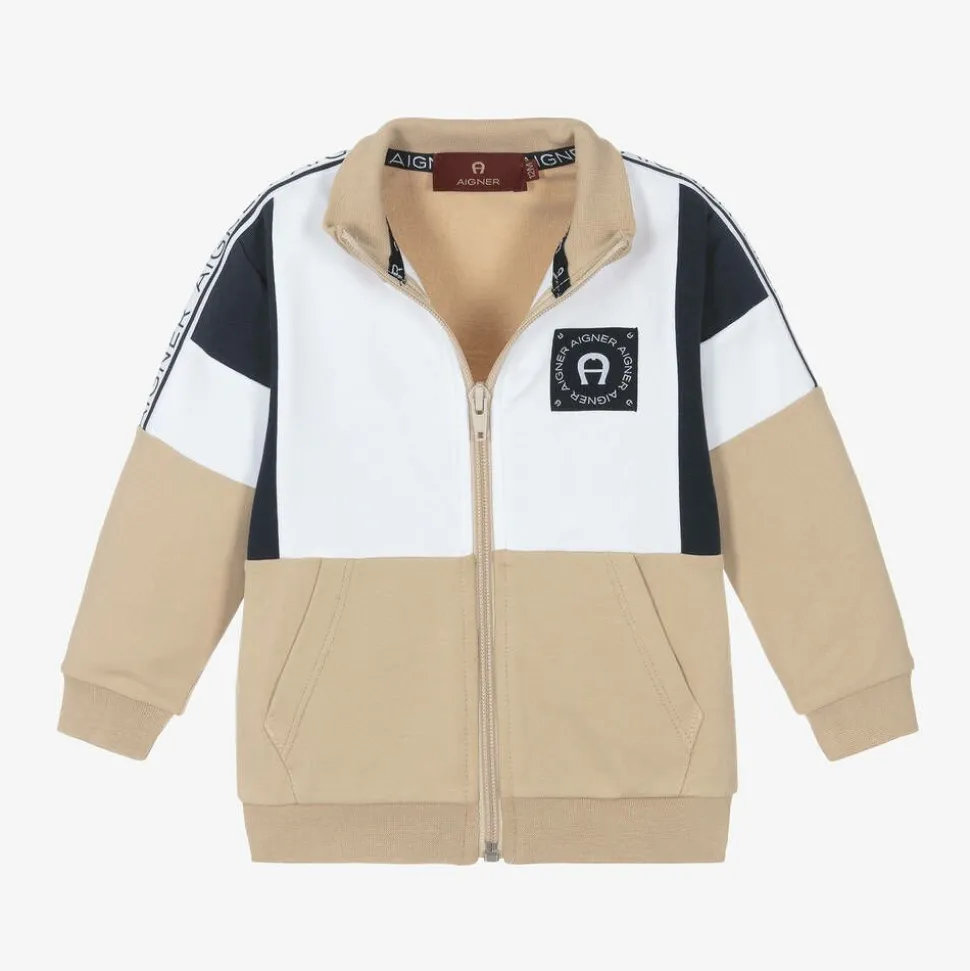 Baby Boys Beige Cotton Zip-Up Top
