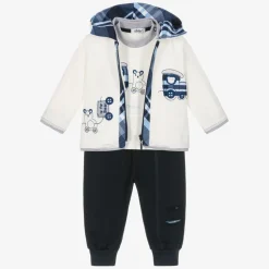 Baby Boys White & Blue Cotton Tracksuit Set