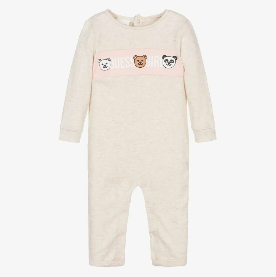 Baby Girls Beige Cotton Bear Romper