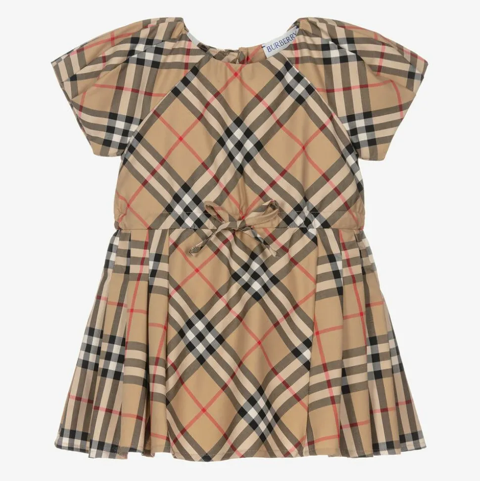 Baby Girls Beige Cotton Check Bow Dress