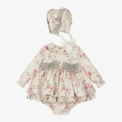 Baby Girls Beige Floral Print Cotton Dress Set