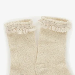 Baby Girls Ivory & Gold Cotton Lace Frill Socks