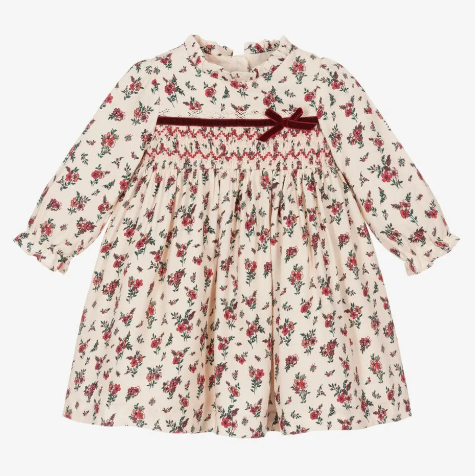 Baby Girls Ivory & Red Smocked Floral Dress