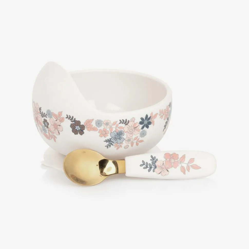 Baby Girls Ivory Floral Feeding Bowl & Spoon Set