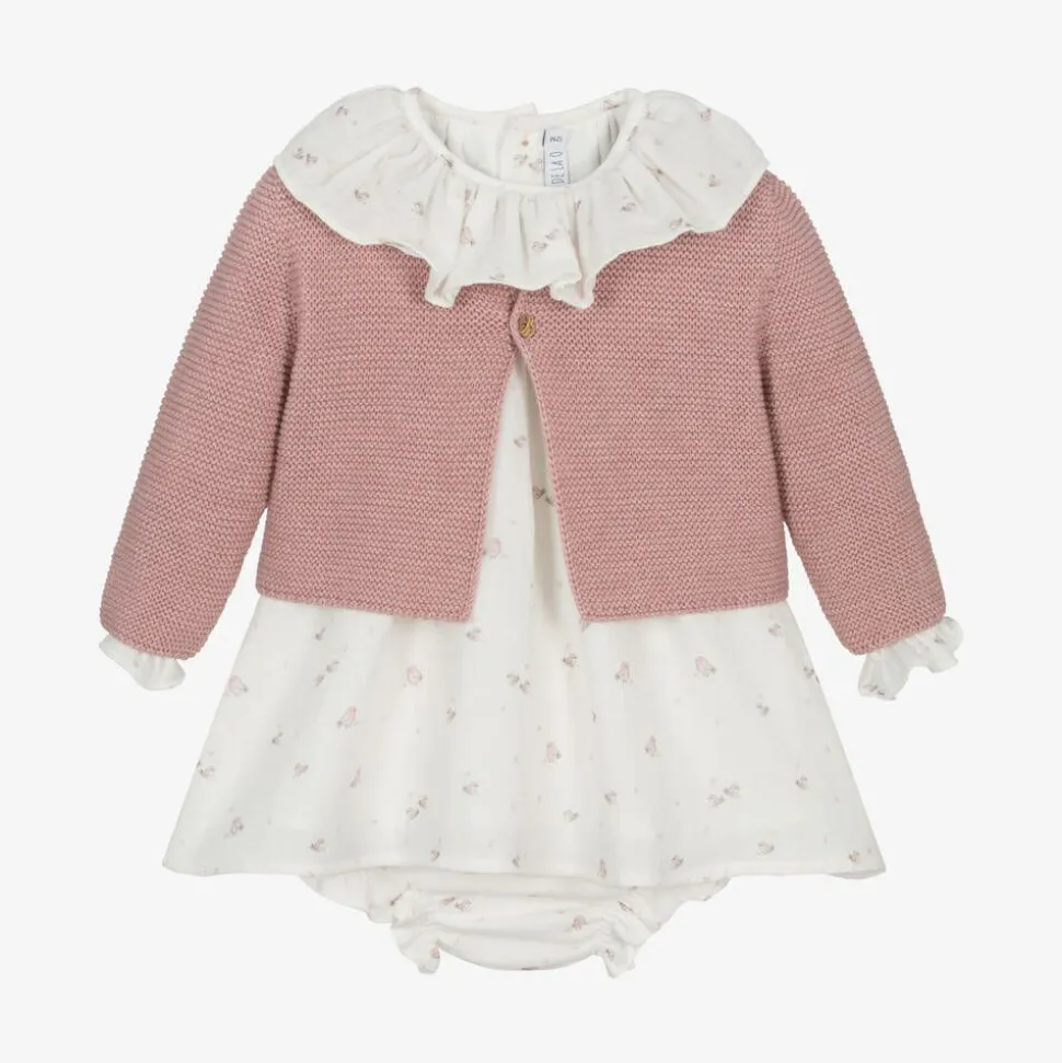 Baby Girls Pink & Ivory Bird Print Cotton Dress Set