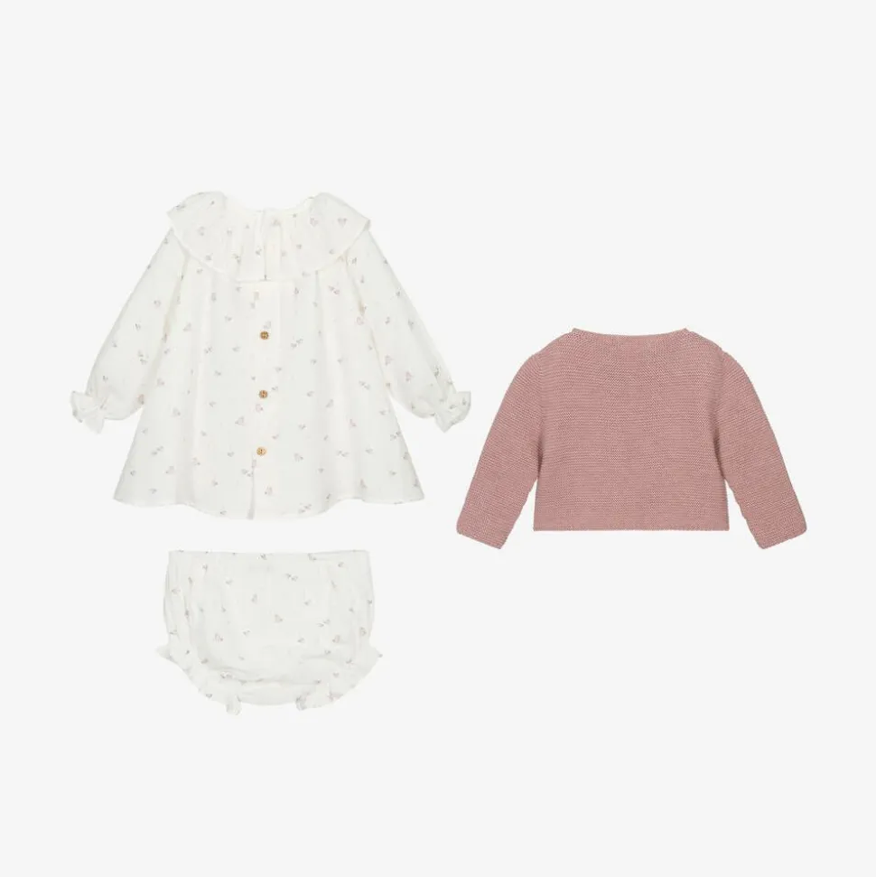 Baby Girls Pink & Ivory Bird Print Cotton Dress Set