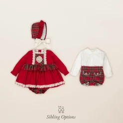 Baby Girls Red Cotton Tartan Dress Set