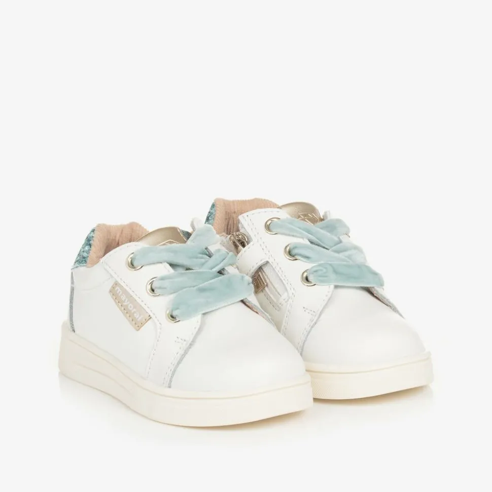 Baby Girls White & Blue Leather Trainers