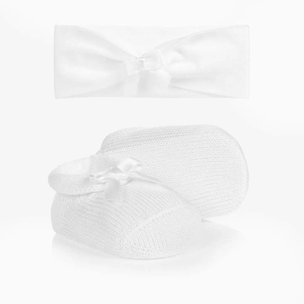 Baby Girls White Headband & Booties Gift Set