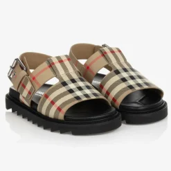 Beige Check Leather Sandals