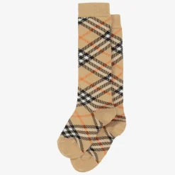 Beige Cotton Checked Knee Socks