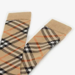 Beige Cotton Checked Knee Socks