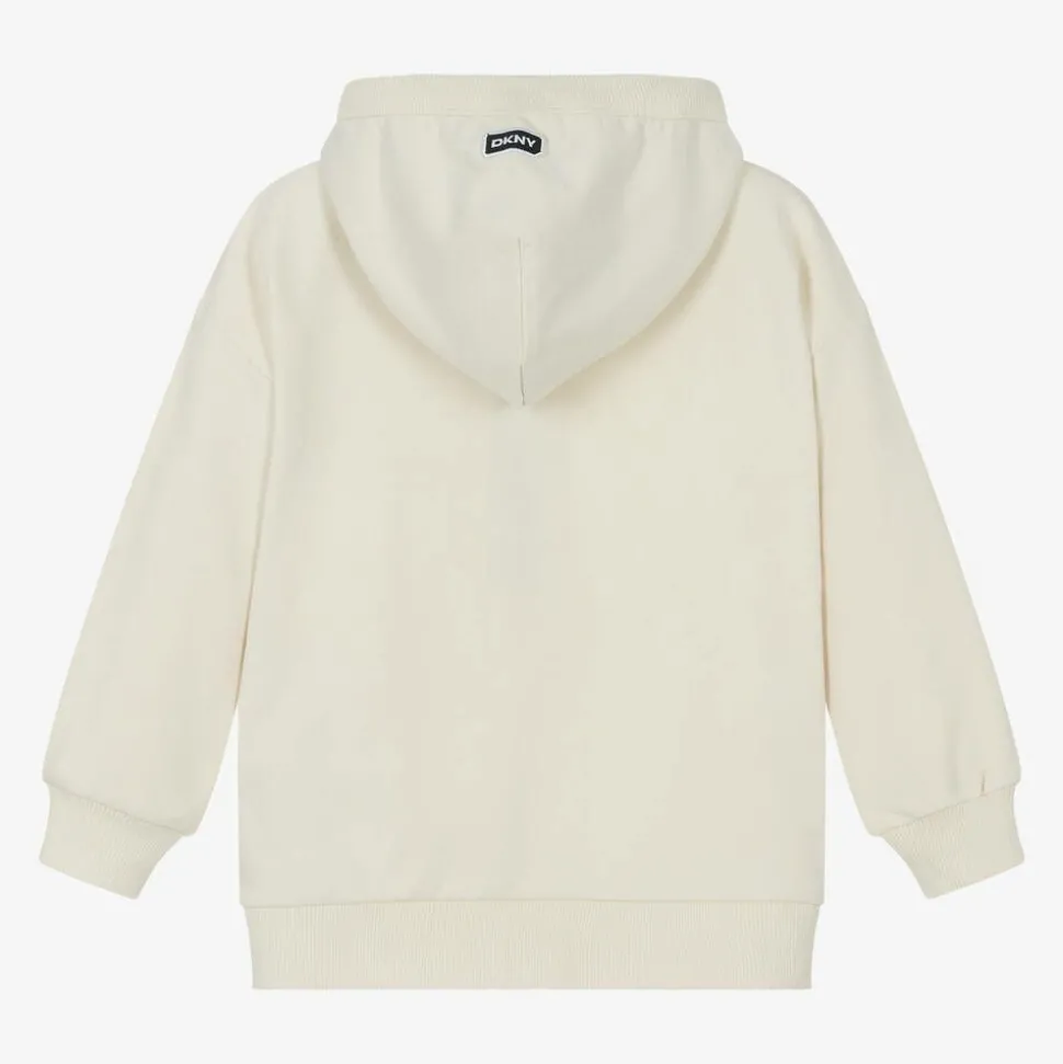 Beige Cotton Hooded Zip-Up Top