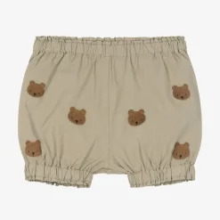 Beige Embroidered Cotton Teddy Bear Shorts