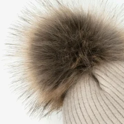Beige Knitted Pom-Pom Hat