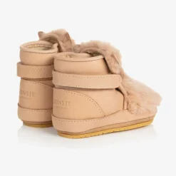 Beige Leather & Faux Fur Pre-Walkers