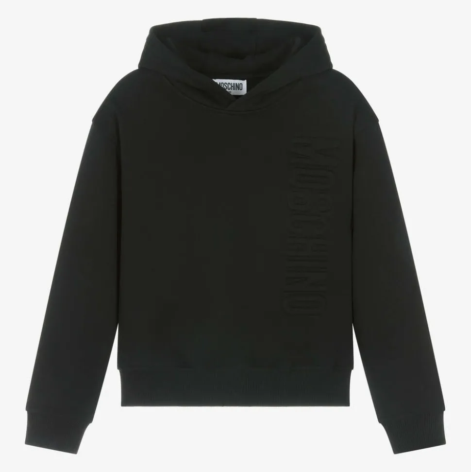 Black Cotton Embossed Logo Hoodie