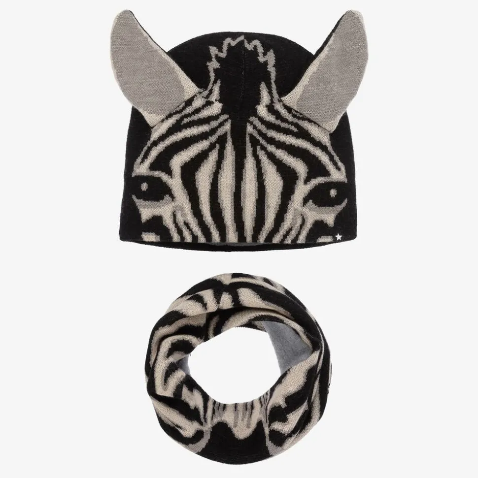 Black Wool Knit Zebra Hat & Snood Set