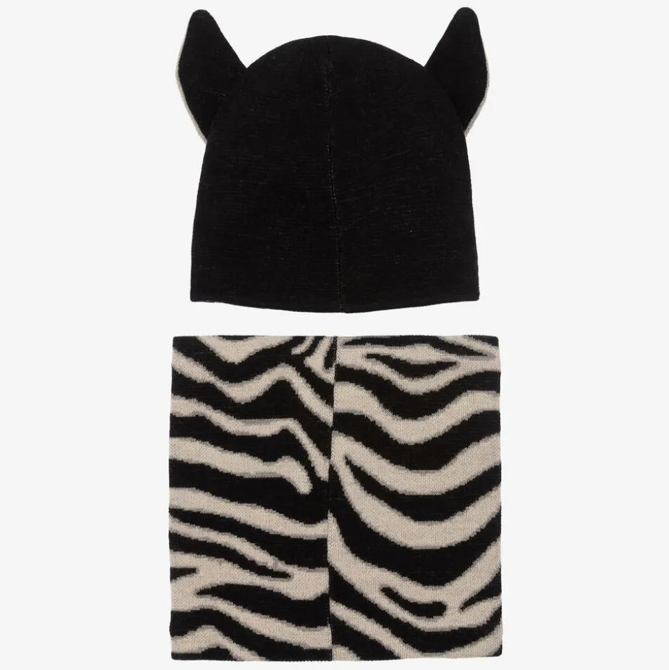 Black Wool Knit Zebra Hat & Snood Set