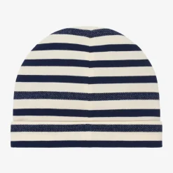 Blue & Ivory Striped Baby Hat