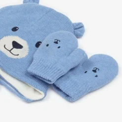 Blue Cotton Bear Hat & Mittens Set