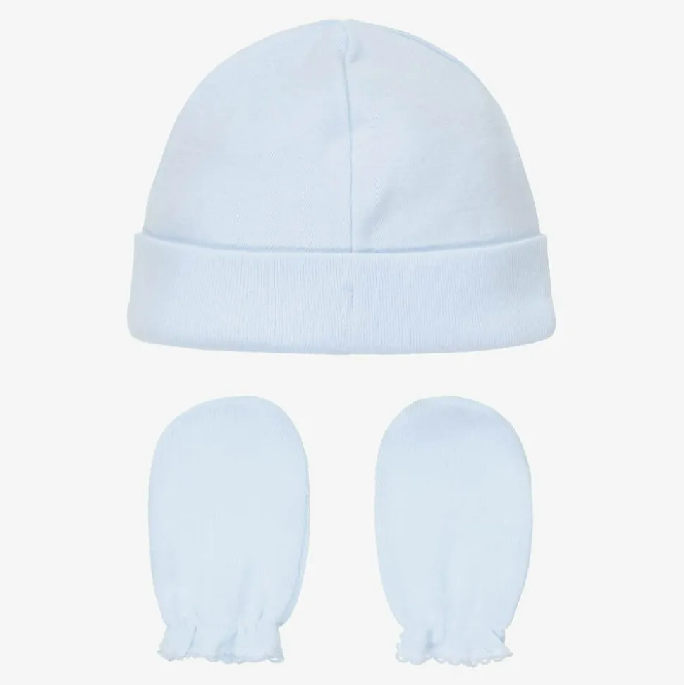Blue Cotton Hat & Mittens Set
