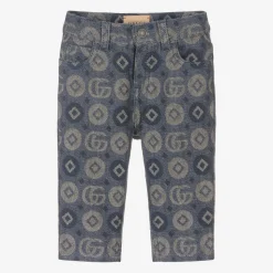 Blue Cotton Jacquard Logo Trousers