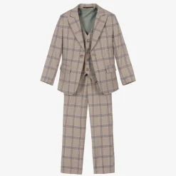 Boys Beige & Blue Check Suit