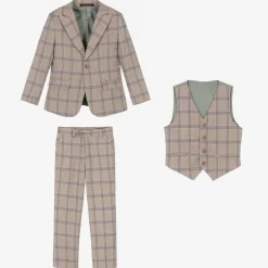 Boys Beige & Blue Check Suit