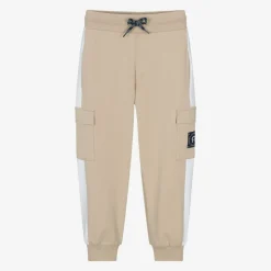Boys Beige Cotton Cargo Joggers