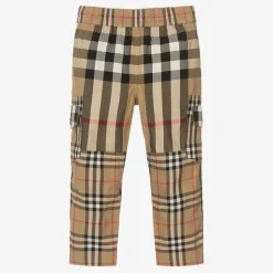 Boys Beige Cotton Check Cargo Trousers
