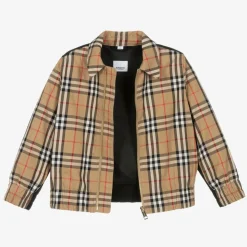 Boys Beige Cotton Check Zip-Up Jacket