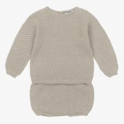 Boys Beige Cotton Knit Shorts Set