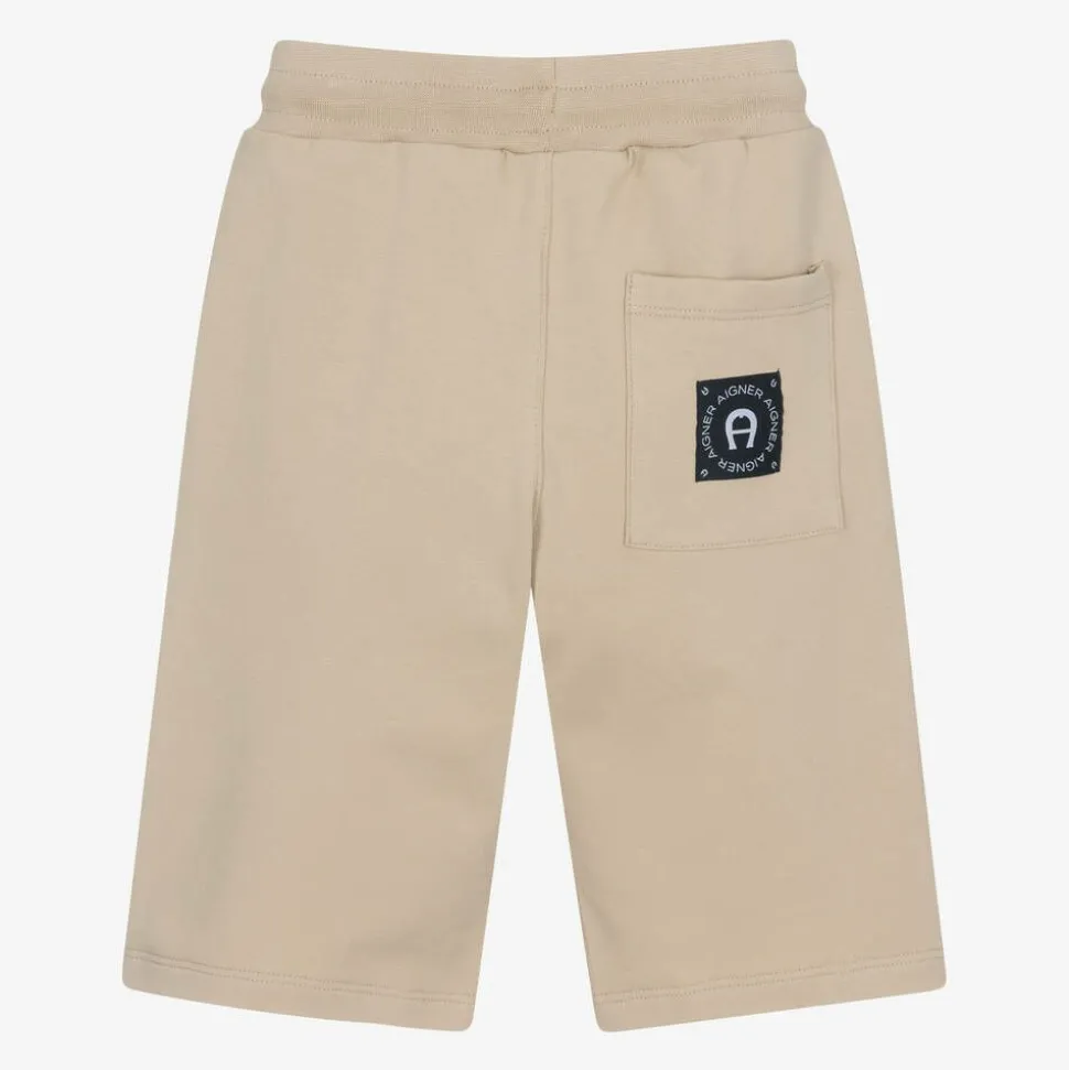 Boys Beige Cotton Logo Tape Shorts