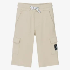Boys Beige Cotton Piqué Cargo Shorts