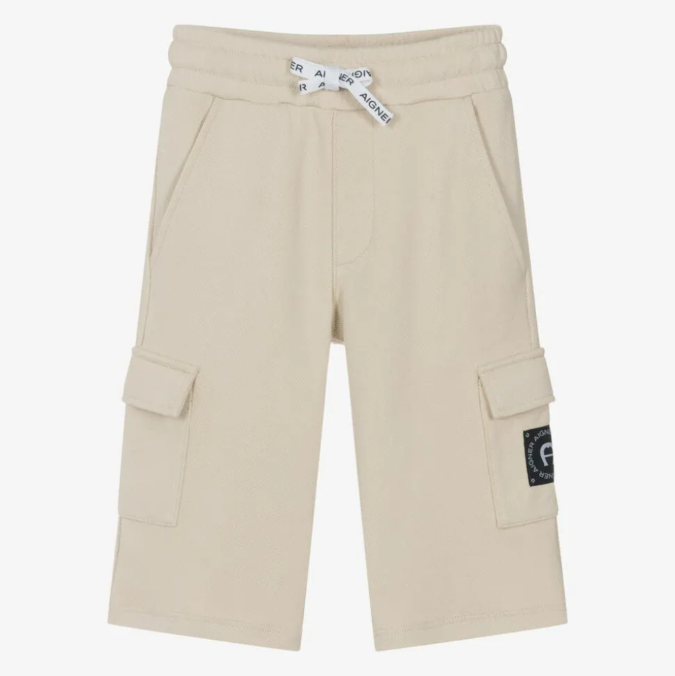 Boys Beige Cotton Piqué Cargo Shorts