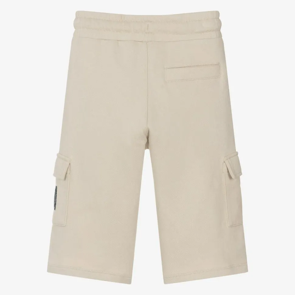 Boys Beige Cotton Piqué Cargo Shorts