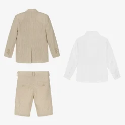 Boys Beige Cotton Stripe Shorts Suit