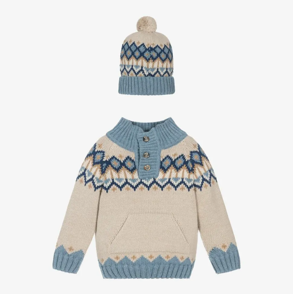 Boys Beige Fair Isle Sweater & Hat Set