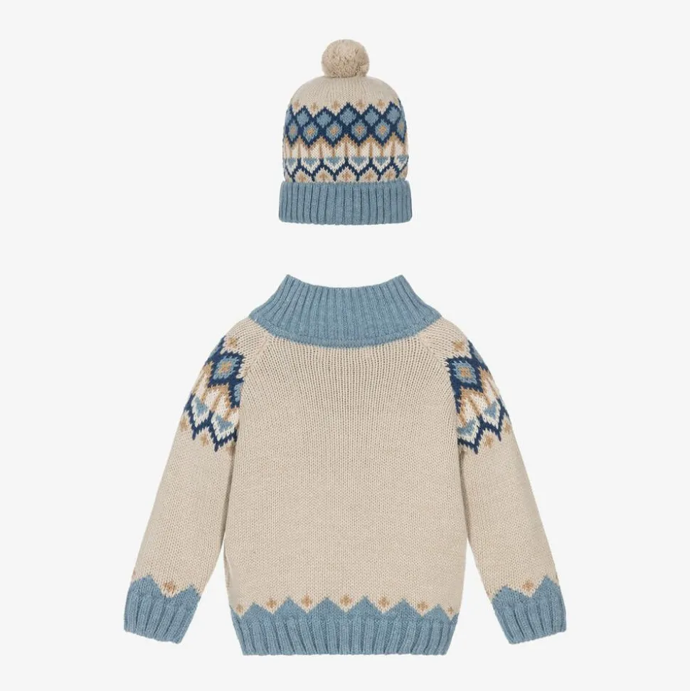 Boys Beige Fair Isle Sweater & Hat Set