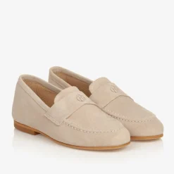 Boys Beige Leather Monogram Loafers