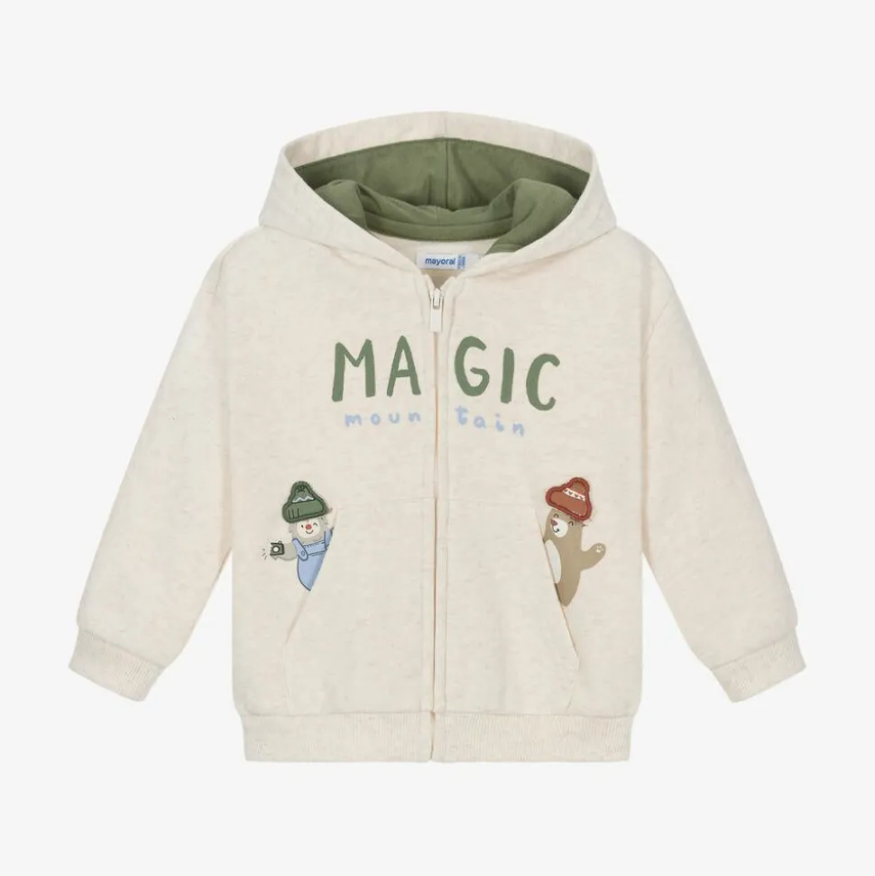 Boys Beige Marl Zip-Up Hooded Top