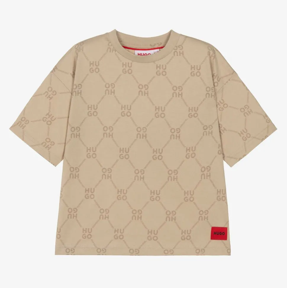 Boys Beige Monogram Cotton T-Shirt