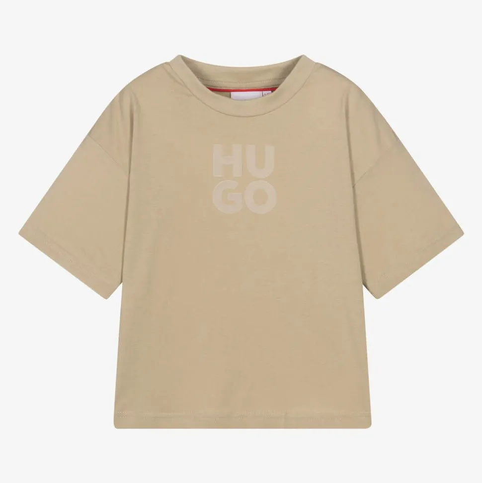 Boys Beige Organic Cotton Stacked Logo T-Shirt