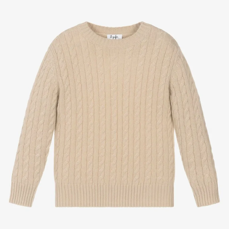 Boys Beige Wool Cable Knit Sweater