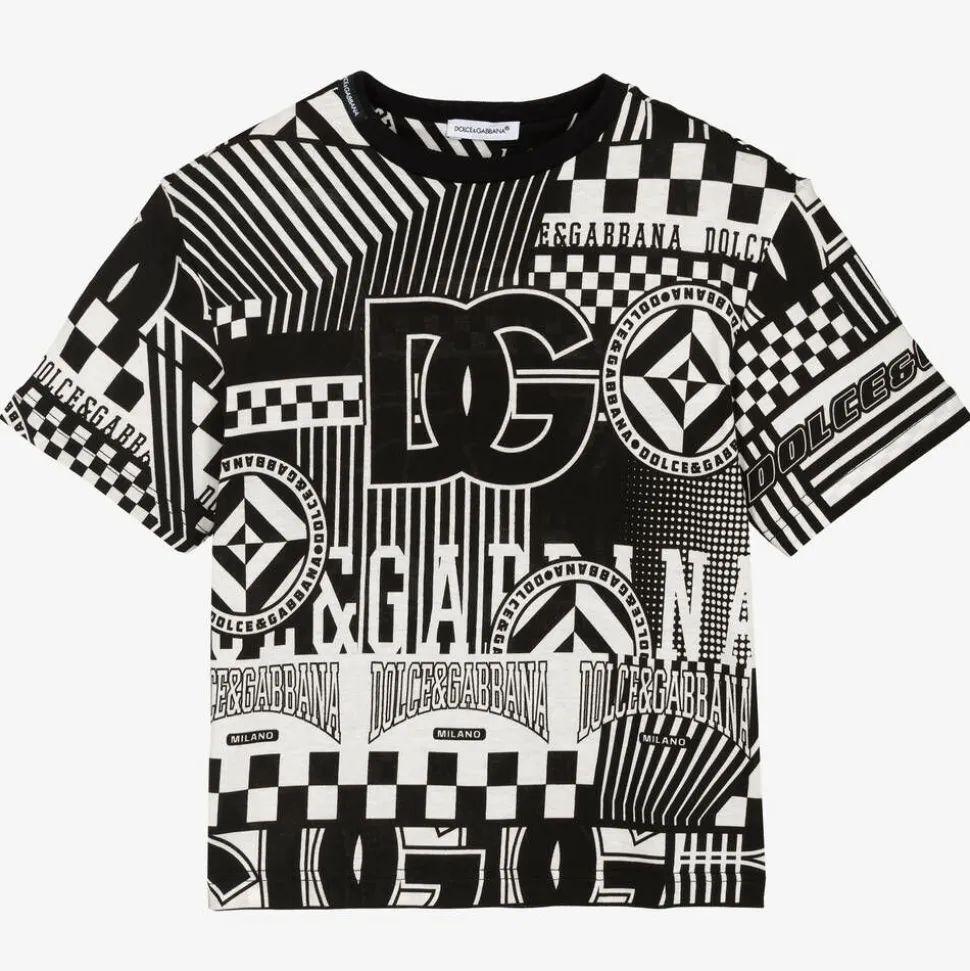 Boys Black & White Cotton Graphic T-Shirt