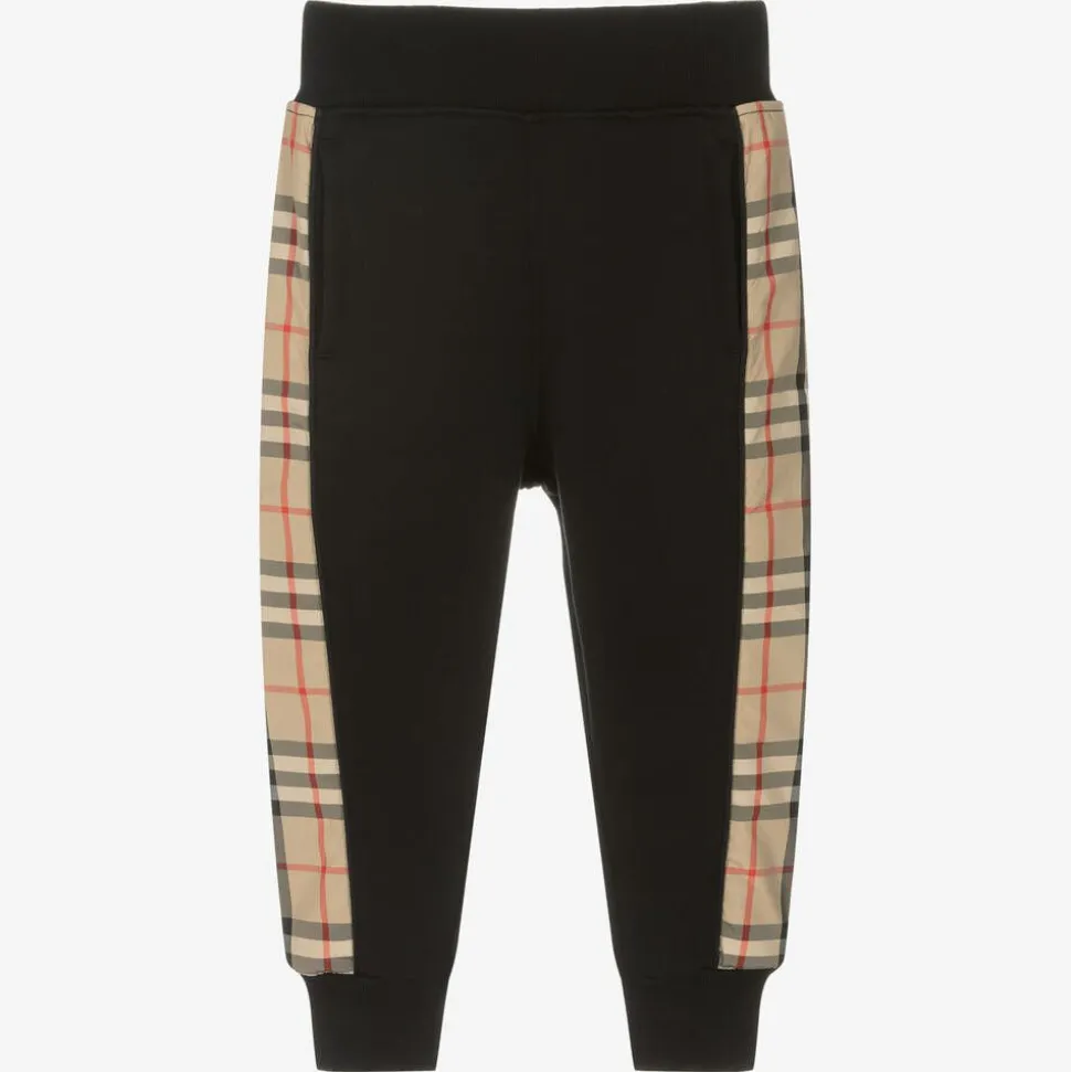 Boys Black Cotton Check Joggers