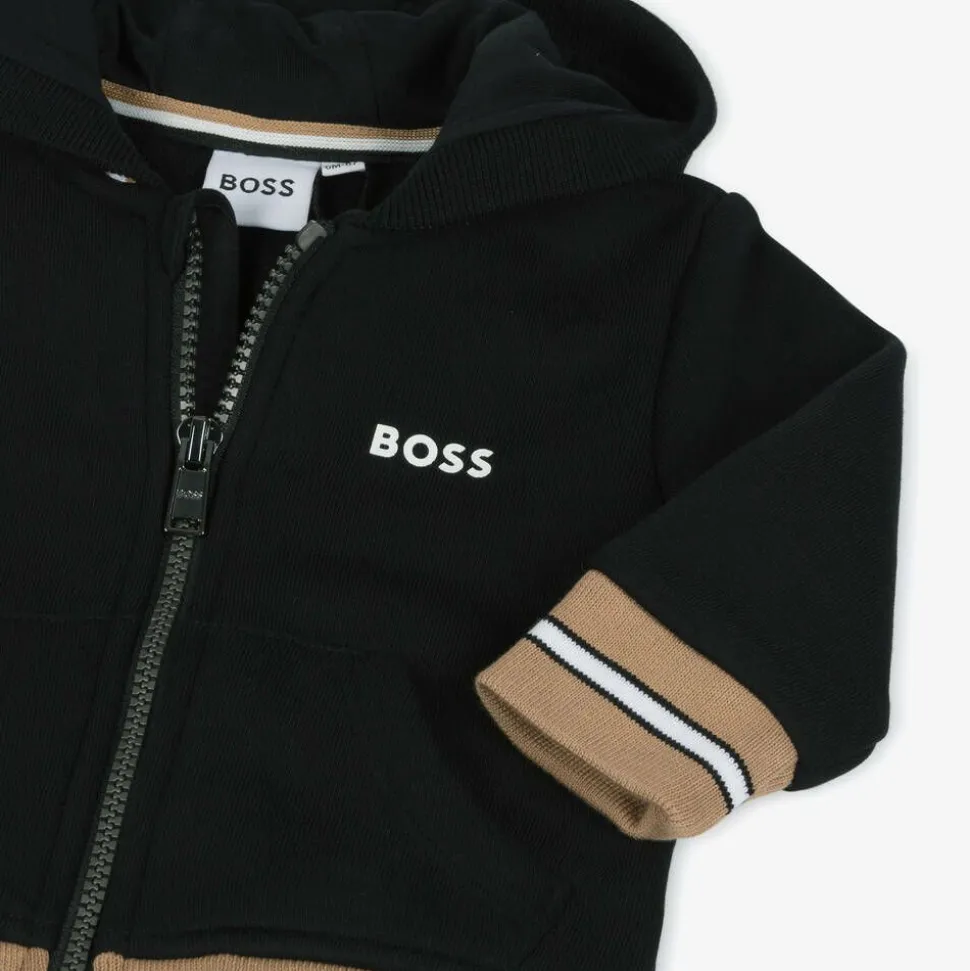 Boys Black Cotton Zip-Up Hoodie