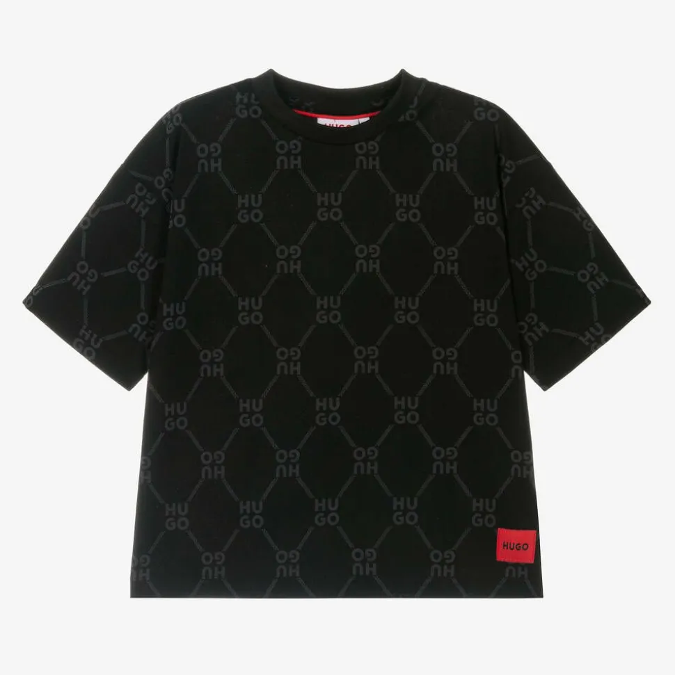 Boys Black Monogram Cotton T-Shirt